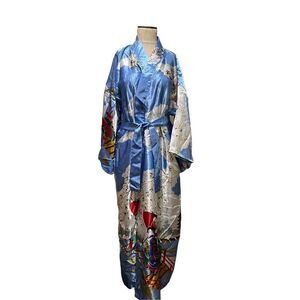 GOLDEN DRAGON Satin Kimono Robe Light Blue Floral Geishas Size XL